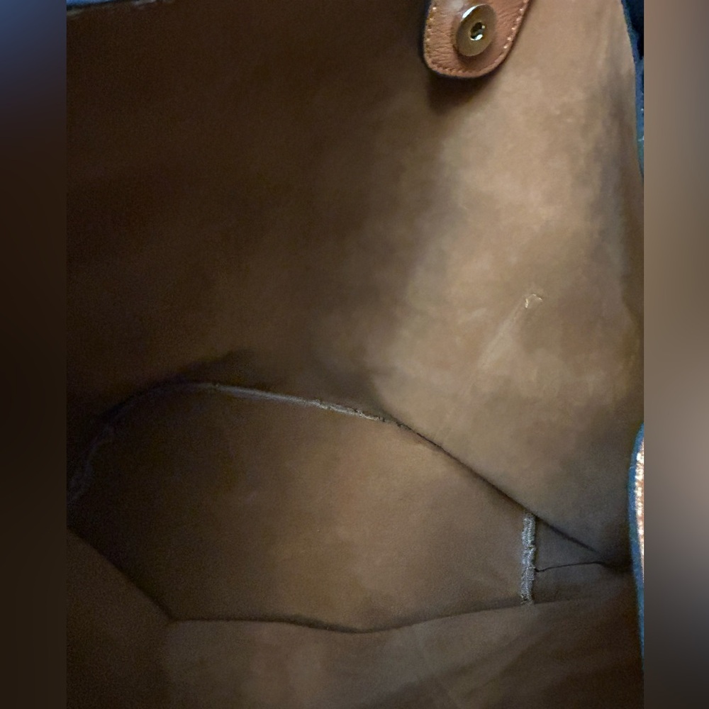 Cognac Faux Leather Bucket Handbag w/ Gold Tone Hardware EUC Spotless Interior - Picture 8 of 13